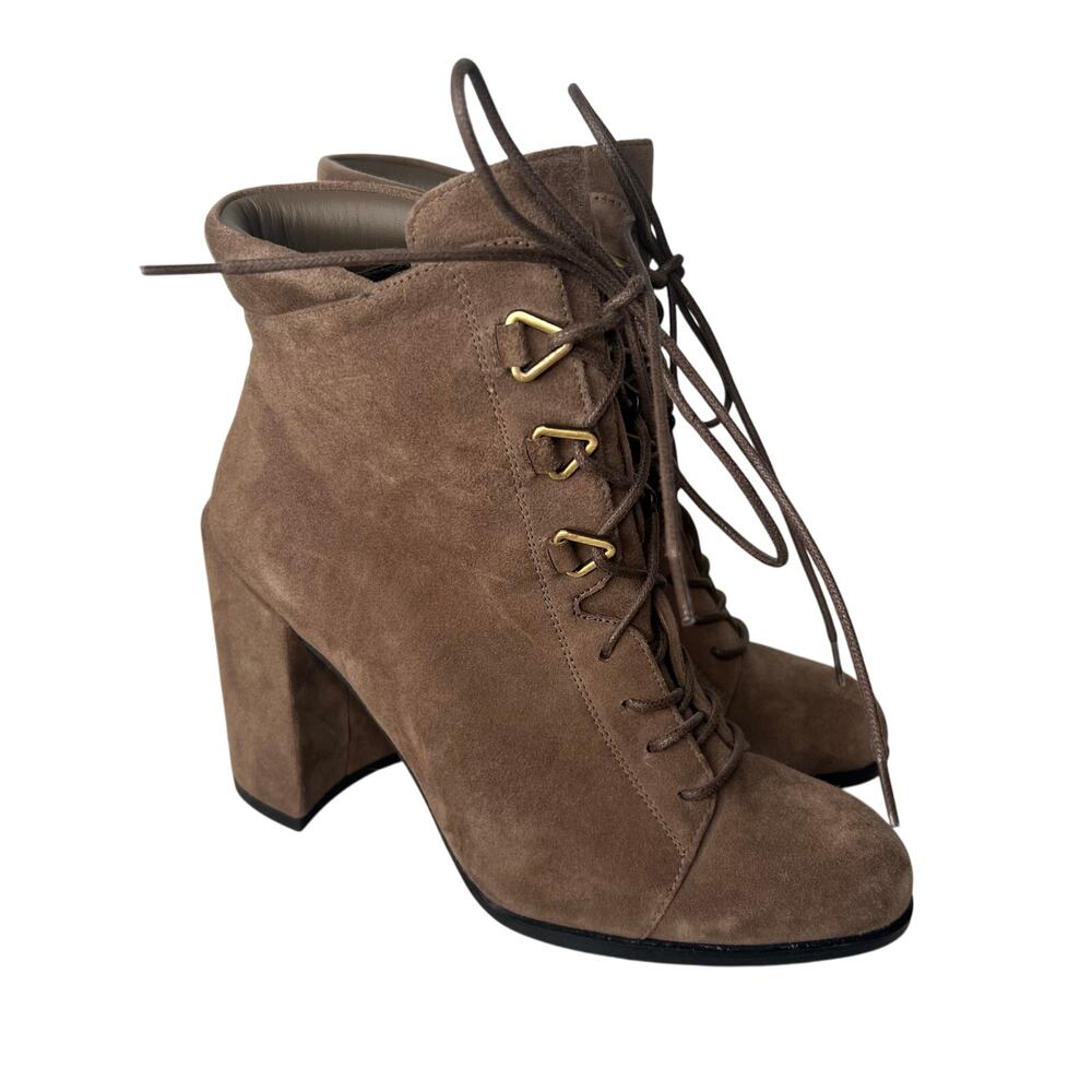 Stuart Weitzman Taupe Getgo Lace Up Suede Heeled Booties 6